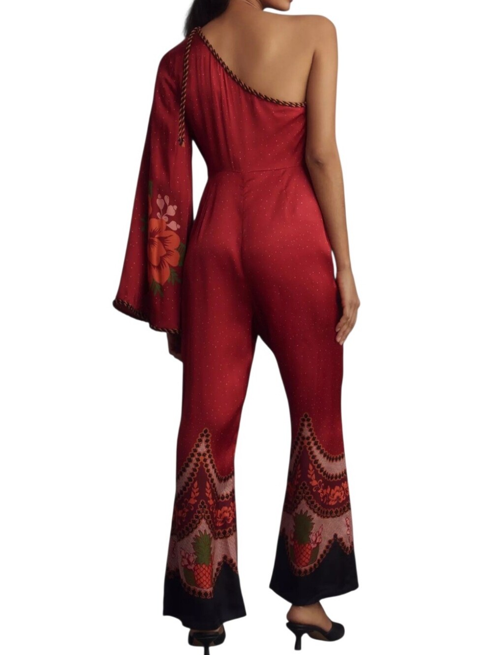 Farm Rio Anthropologie One Shoulder Jumpsuit Sz M Red Floral Satin Boho Festival - Picture 2 of 16